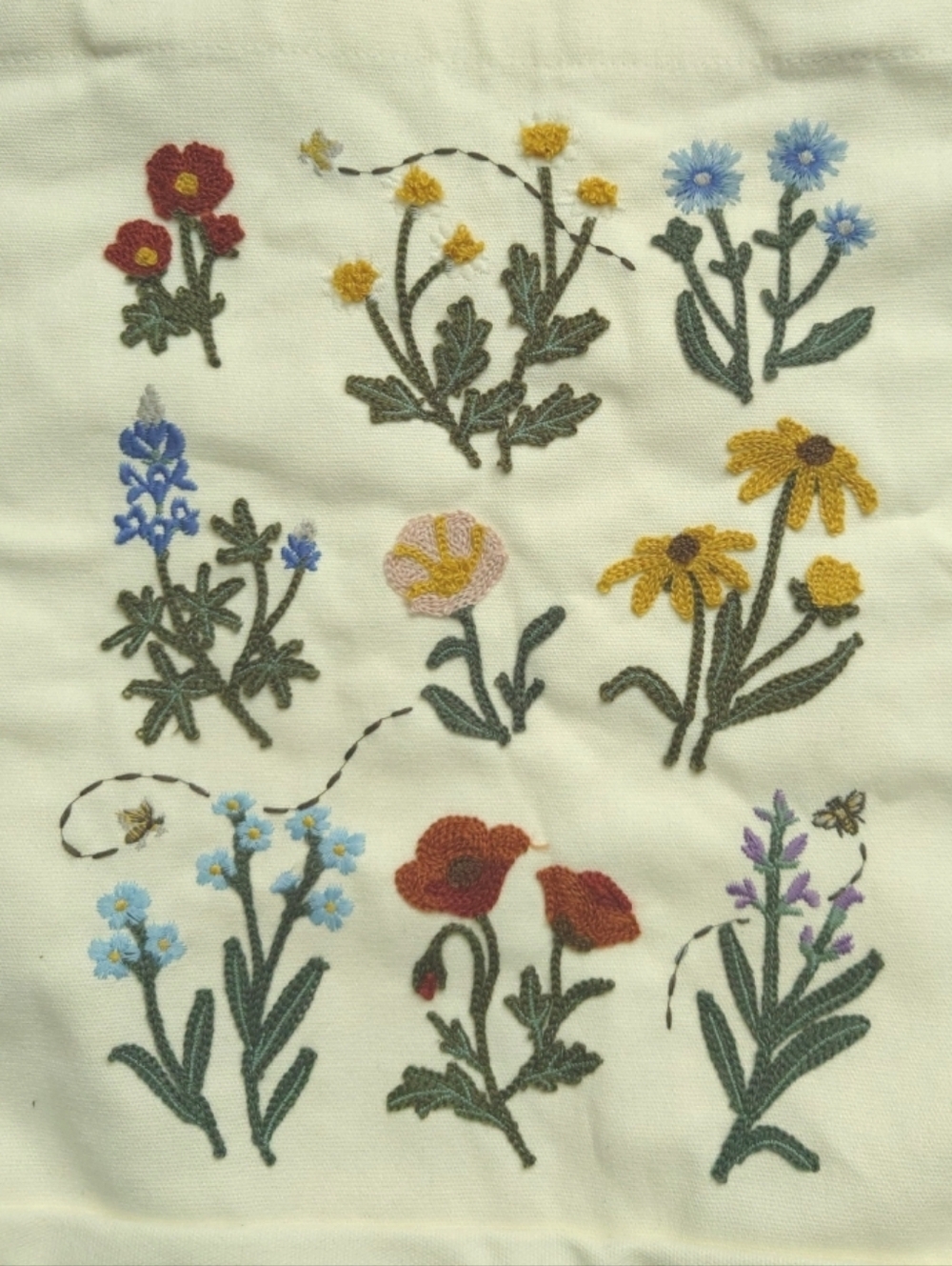 Canvas Embroidered Wildflower Floral Tote Bag Cream New - Picture 2 of 7